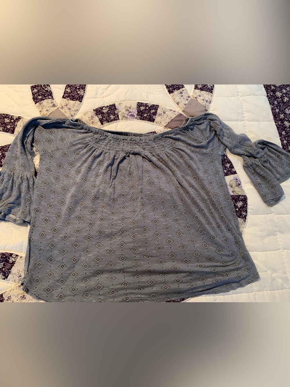 Maurices Dusty Blue Off-Shoulder Tank with Subtle Geometric Print